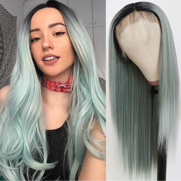 24”Ombre Ash Green StraightLace Front Wig NEW
